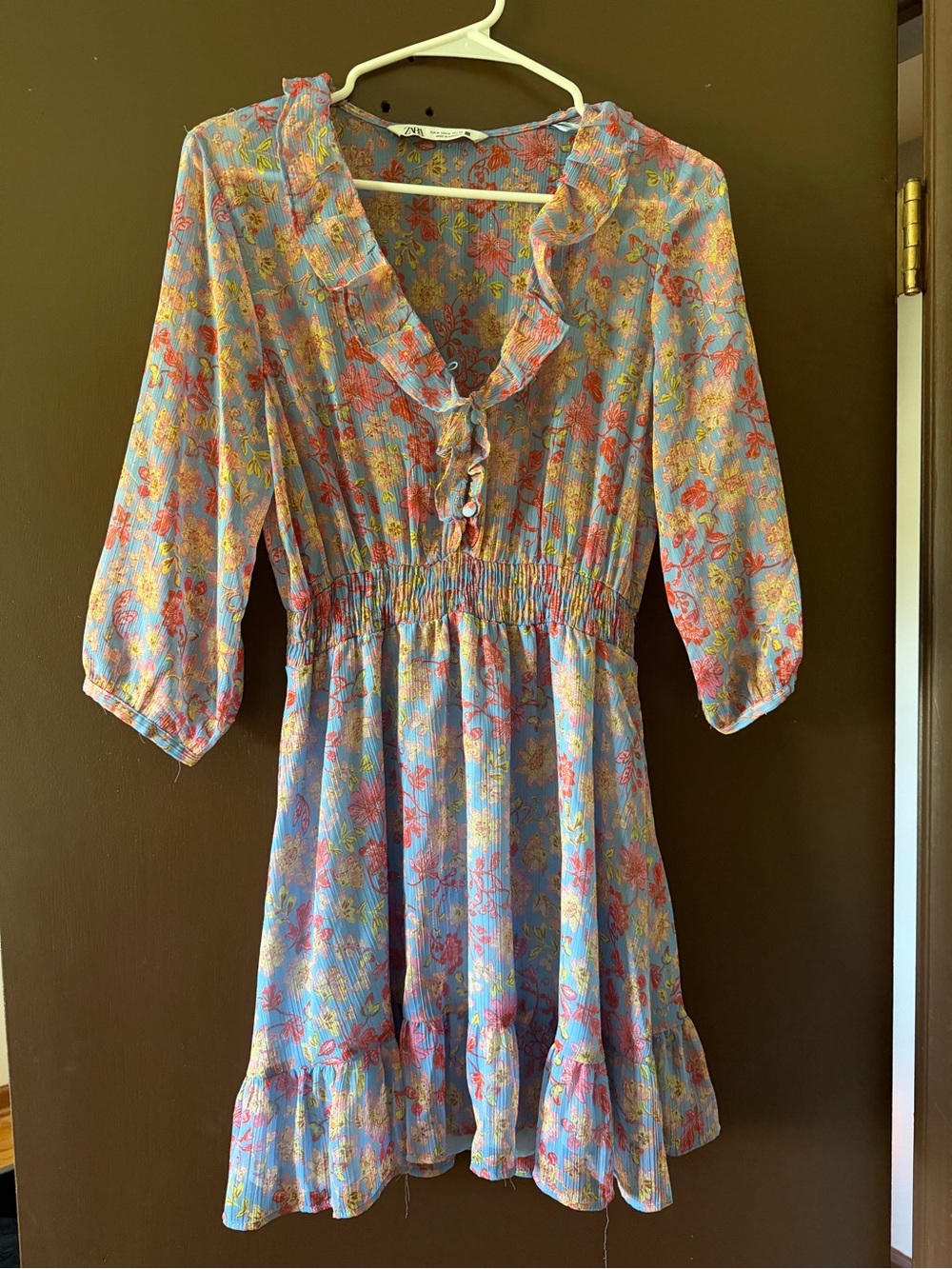 Zara Light Blue Floral Ruffle Dress with Pink and Yellow Accents
